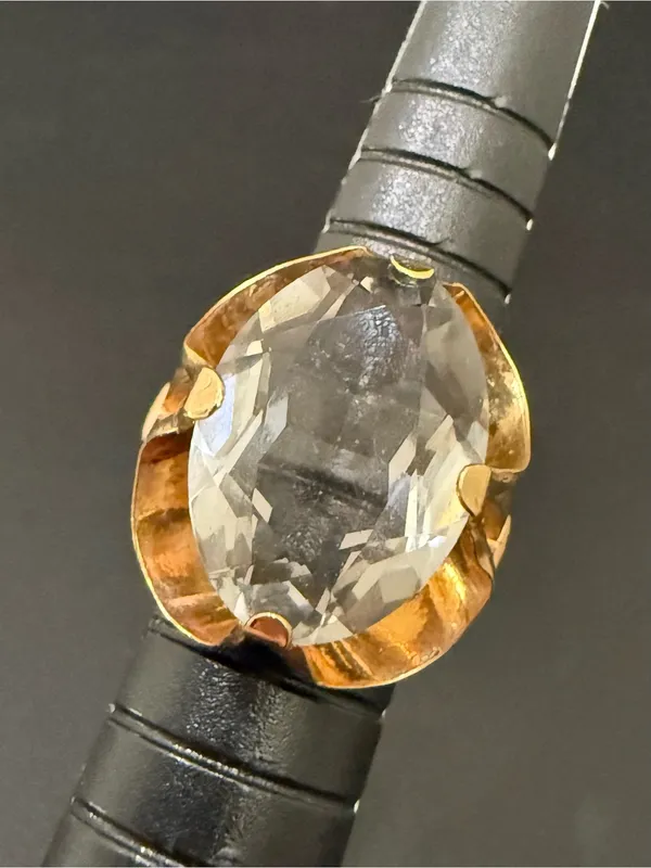 Vintage 18KT Electroplated Gold Oval Smoky Quartz Glass Cocktail Ring Size 4 - Image 4