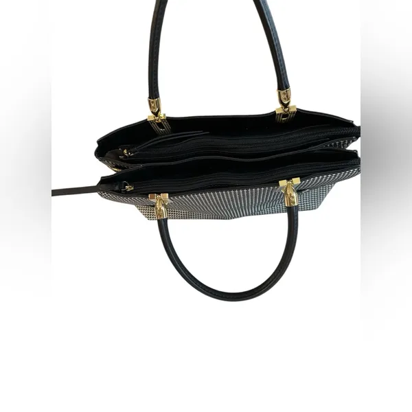 Gianni Bini Black & White Geometric Dot Structured Satchel with Gold‎ Hardware - Image 5