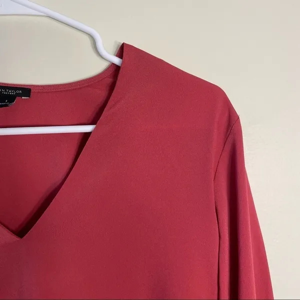 Ann Taylor deep coral vneck blouse long sleeves business casual women’s‎ top - Image 2