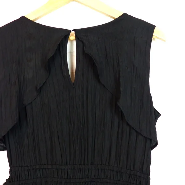 Zara Jumpsuit Womens M Black Sleeveless V-Neck Wrinkled Satin Effect Wide Legs - Image 12