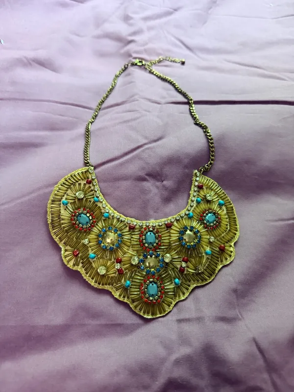 Boho Statement Necklace with Turquoise & Red Accents Gold - Image 2