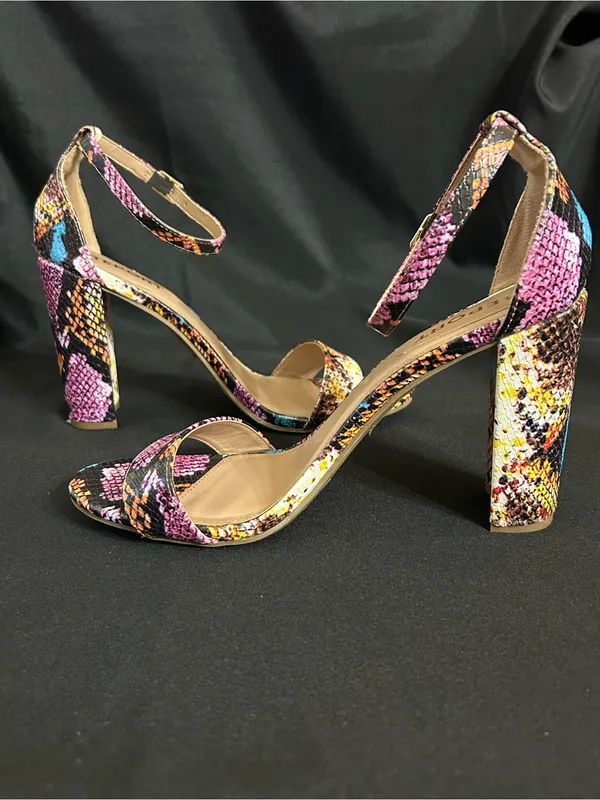 Report Multicolor Snakeskin Ankle-Strap Block Heel Sandal Pink/Yellow/Blue 8.5 - Image 5