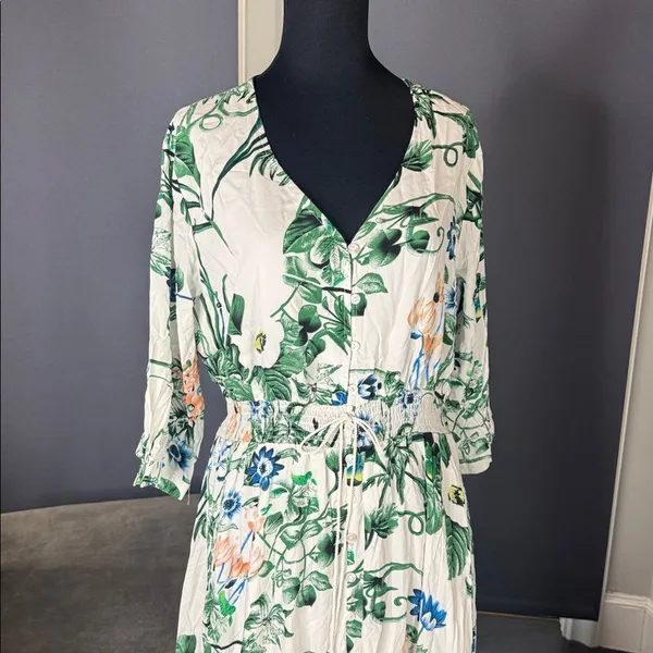 Women’s Floral Maxi Dress 3/4 Sleeve Empire Waist Button Front V-Neck Size XL - Image 2