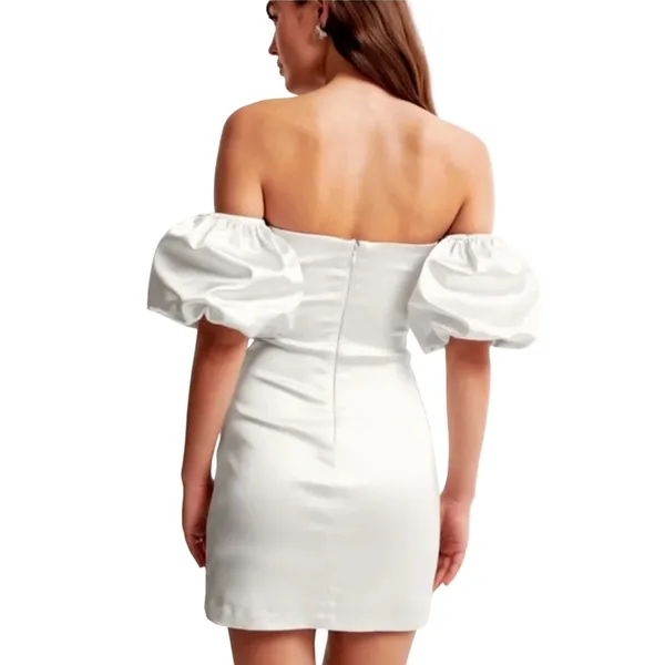 Abercrombie & Fitch Silver Satin Off the‎ Shoulder Puff Sleeve Mini Dress Large - Image 12