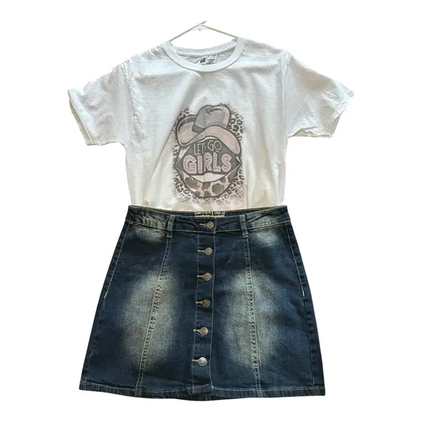 Hot Kiss Skyler Button Down Denim Skirt, & “Let’s Go Girls” Cowgirl Tee Bundle - Image 2