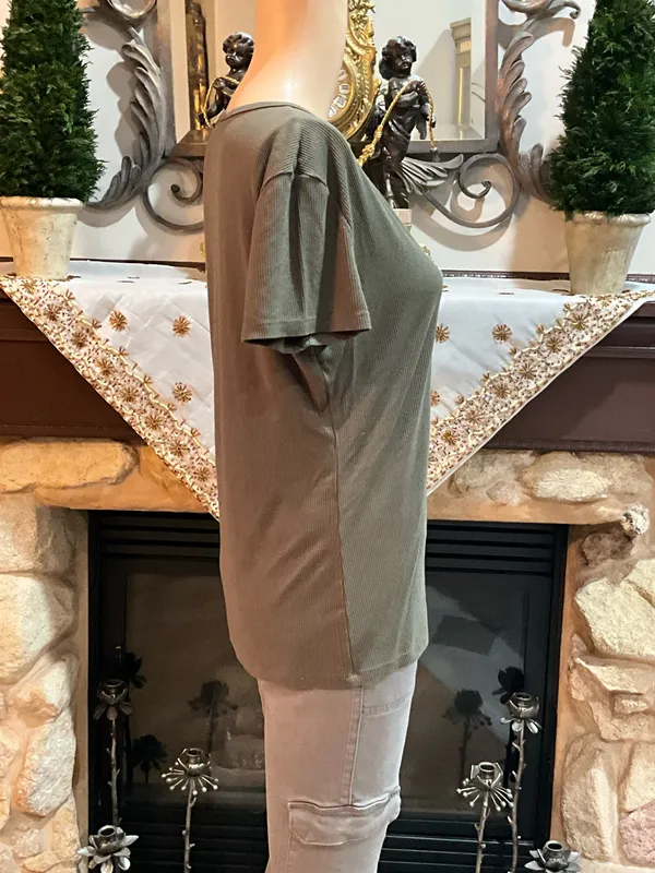 Khaki green Bebe rhinestone top with V-neck  - Image 3
