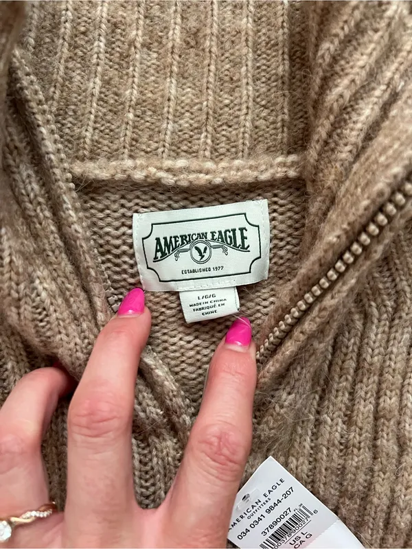 American Eagle Outfitters Cropped Half-Zip Ribbed Mock Neck Sweater - Taupe - Image 5