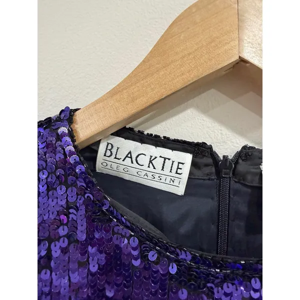 Vintage Oleg Cassini Black Tie Purple Ombre Sequin Silk Mini Dress Size 8 80s - Image 5