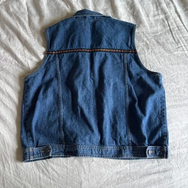 Vintage Y2K Cherokee Denim Jean Vest Floral Jaqcquard Boho Trim Size XL - Image 6
