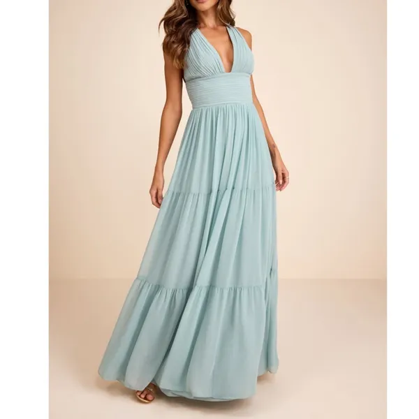 NEW Lulus Leora Light Blue Plunging Chiffon Pleated Tiered Maxi Dress Small - Image 4