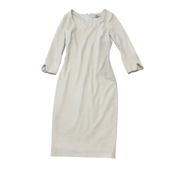 Belle Badgley Mischka White Jacquard Sheath Dress Chain Trim Scallop Cuff Size 2 - Image 2