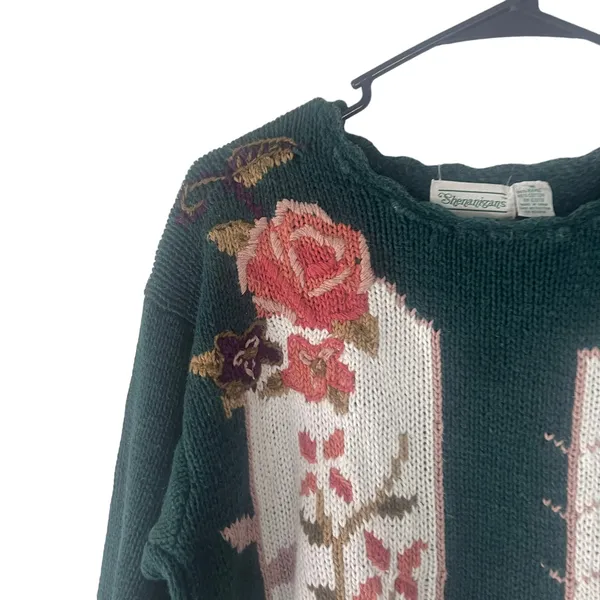 Shenanigans Vintage 90s Women's Size Medium Rose Floral‎ Crochet Green Sweater - Image 4