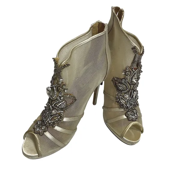 Badgley Mischka Lianna Peep Toe Booties Sz 8M Champagne Rhinestone Wedding Heels - Image 2
