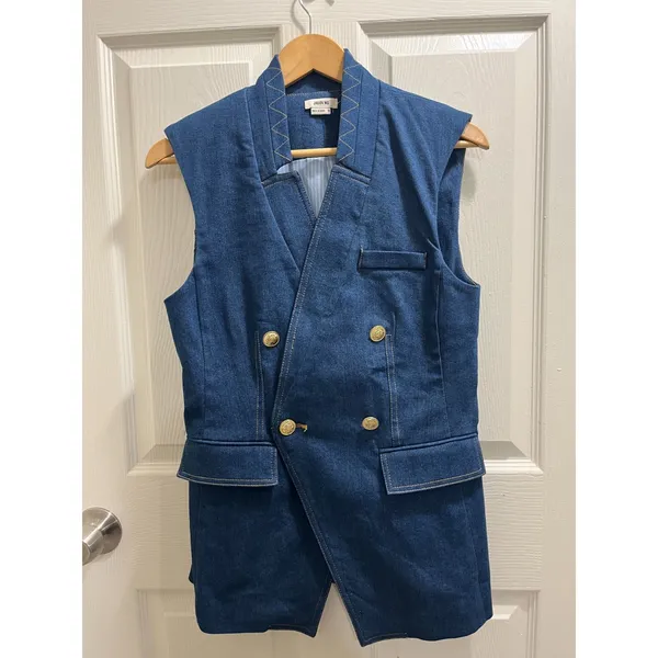 Jason Wu Denim Sleeveless Blazer Vest Size Medium Double Breasted Gold Buttons - Image 2