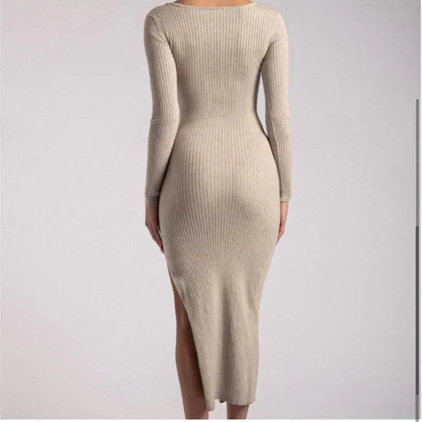 ✨Meshki Taupe Tan Cali Long Sleeve Ribbed High Slit Midi Sz Large Dress✨ - Image 4