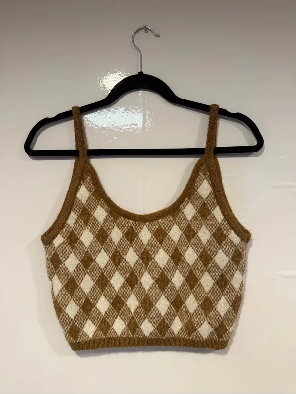 Zara Brown & Cream Argyle Knit Crop Tank‎ Top - Image 3