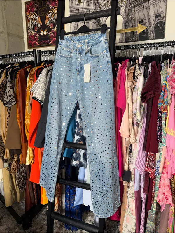 Zara Rhinestone Studded Wide Leg Jeans Light Wash Denim Womens 4 New NWT - Image 4