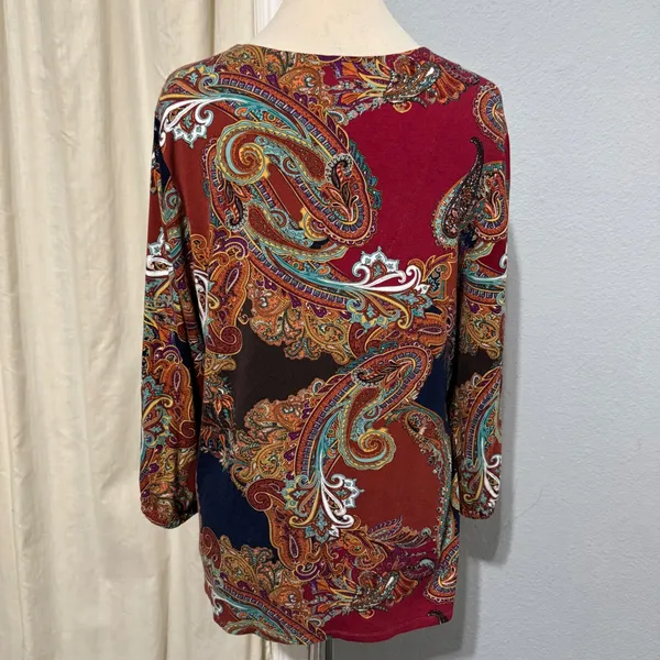 Chicos Paisley V-Neck Blouse Size 2 Large Rust Navy‎ 3/4 Sleeve Button Trim Top - Image 7