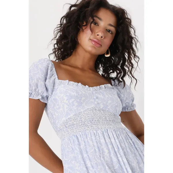 New! Lulus Dreamy Darling Blue and White Floral Puff Sleeve Midi‎ Dress Sz Small - Image 3