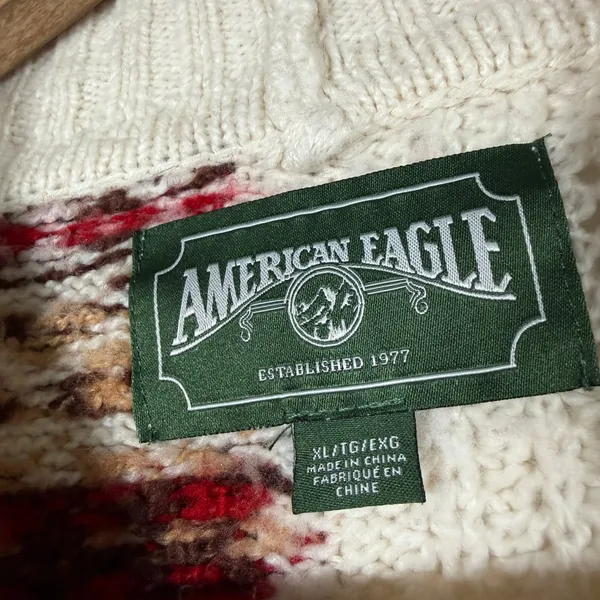 AMERICAN EAGLE Cream and Burgundy Cozy Cabincore Chunky Sweater Extra Large - Image 5