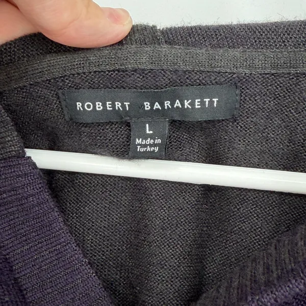 Robert Barakett Men Large Wool‎ Blend Knit Hoodie Sweater Purple Navy Raw Hem - Image 3