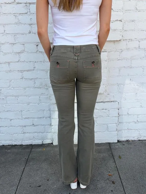 Y2K zoo York olive green low-rise flared utility pants featuring front patch pockets with button closures + stitching details - Image 5