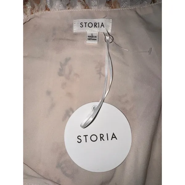 Storia Floral Ruffle‎ Maxi Dress Cream Pink Dobby Puff Sleeve Large NWT - Image 8