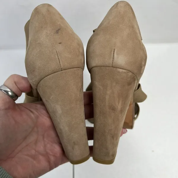 Stuart Weitzman Size 38 US 7.5 Heels‎ Elastic Strap Wrap Tan Suede High Chunky - Image 8