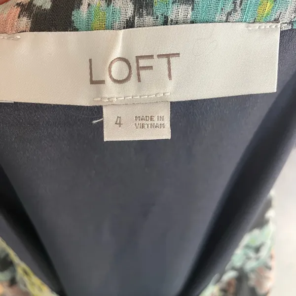 LOFT‎ Size 4 Floral Midi Dress Grey Pastel Button Front Sheer Lined Long Sleeve - Image 13