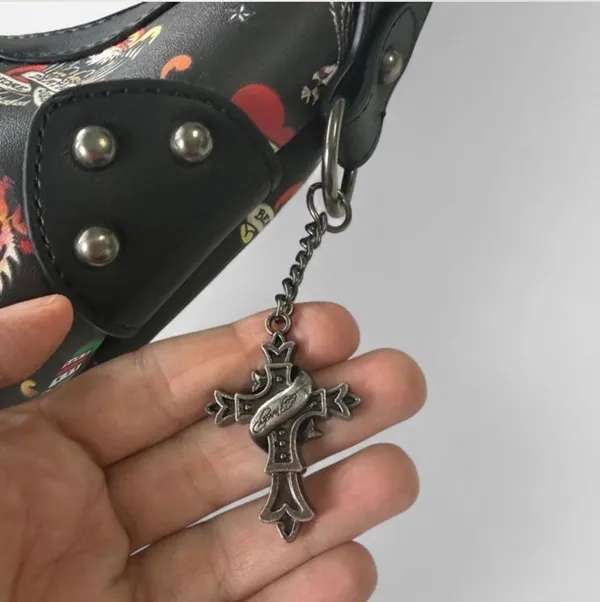 🔥 NWT Ed Hardy Y2K Tattoo Print Studded Hobo Bag Black 🖤 - Image 19