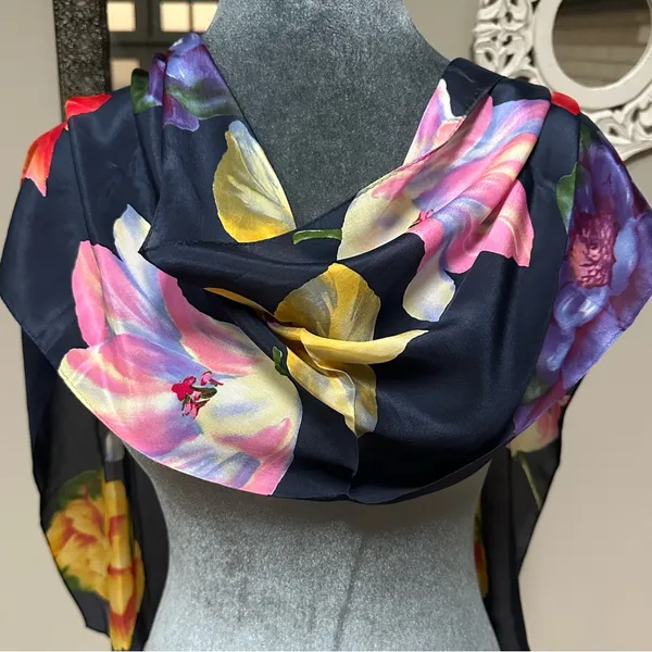 Navy blue large flower floral print echo scarf neck tie belt headband oblong - Image 4