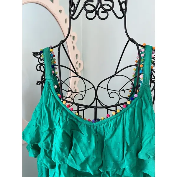 BLUE RAIN green‎ swiss dot sundress Large rainbow pom pom ruffle dress NWT - Image 4