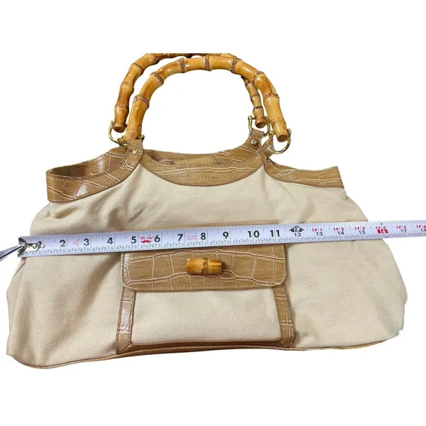 Avon 2006 Faux Bamboo Handle Canvas Satchel Handbag Beige Croc Embossed Purse - Image 11