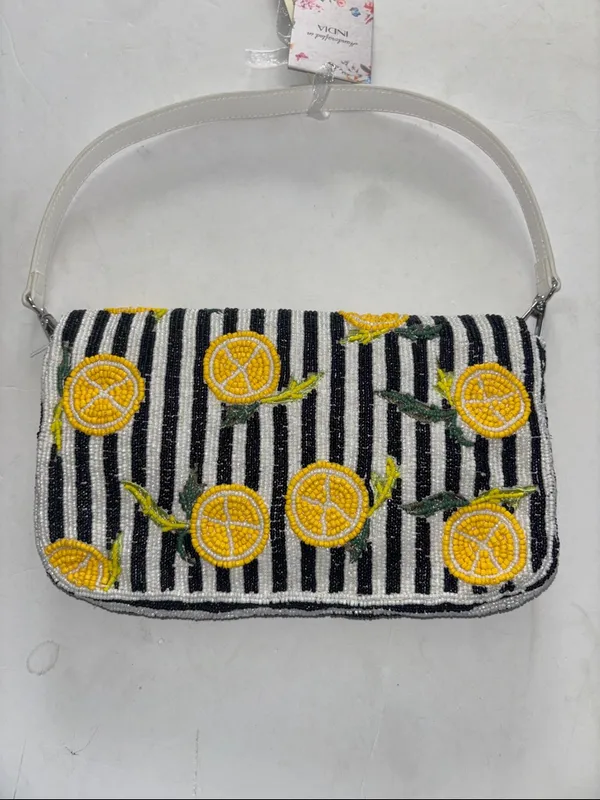 Black And White Stripe Beaded Bag With Lemon Design Double Snap Closure Nwts - Image 5