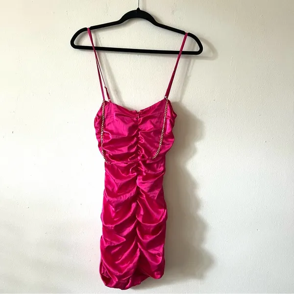 Oh Polly satin hot pink bodycon dress mini chains sleeveless size 4 - Image 3