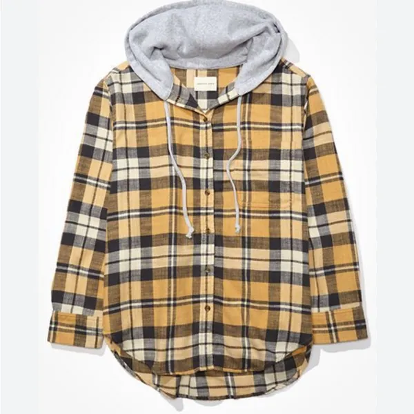 American eagle yellow gray plaid flannel hooded button up shirt - Image 2