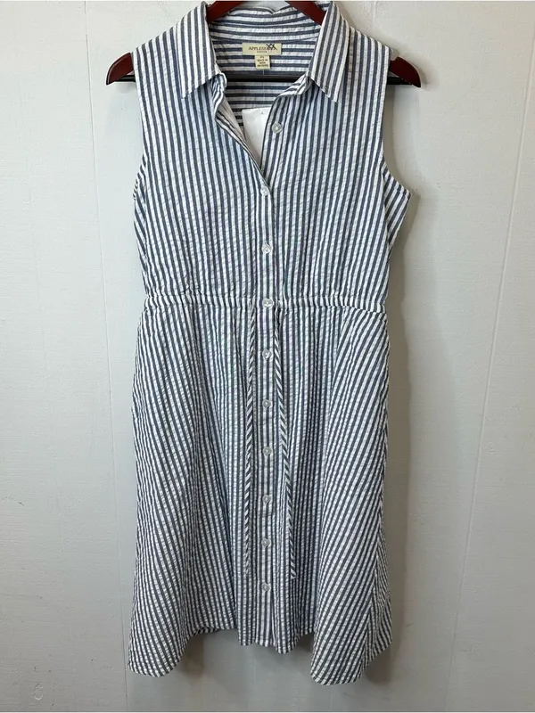 Appleseed's PS Blue and White Striped Sleeveless Midi Shirt Dress - Image 3