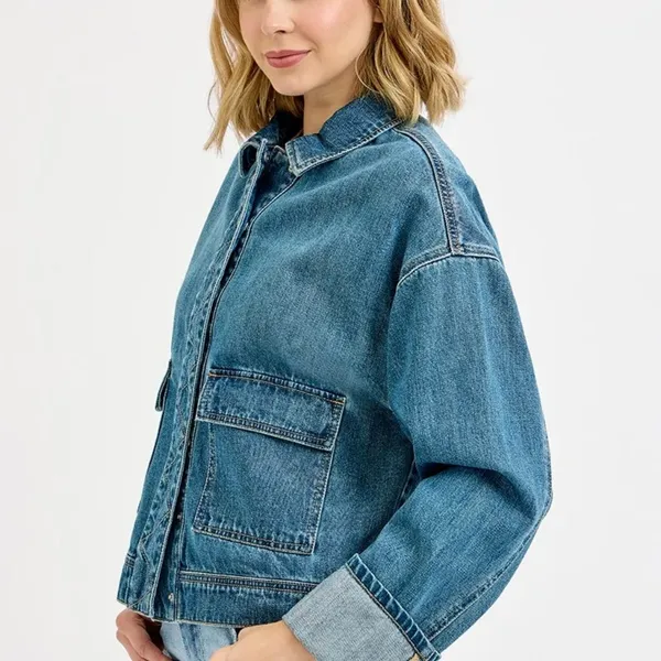 ✨NWT RISEN Oversized Cargo Pocket Denim‎ Jacket with Cuffed Sleeves Size M - Image 5