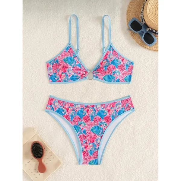 Boutique Women's XS Junior Triangle Bikini O Ring Colorful Two-Piece Swimsuit Fan Floral - Image 4