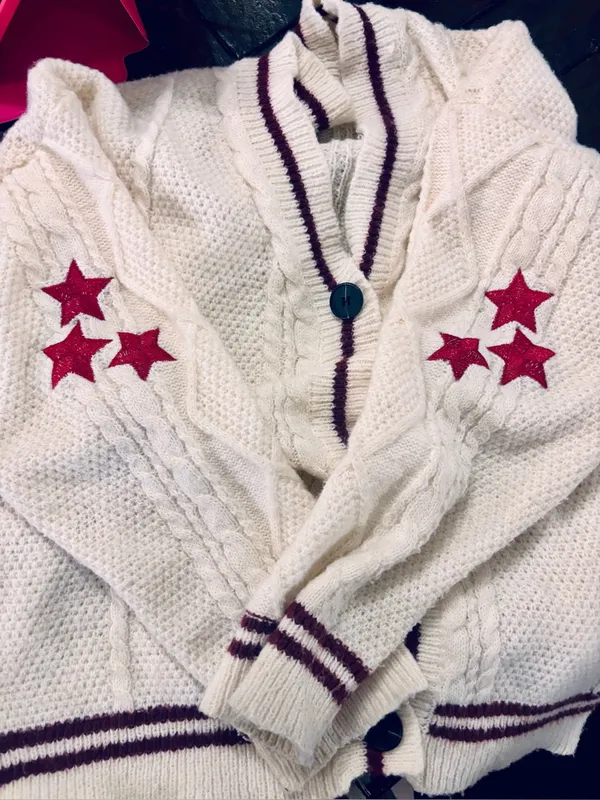 Taylor Swift Inspired Folklore Sweater Women Cardigan Small Cable Knit Stars red - Image 2