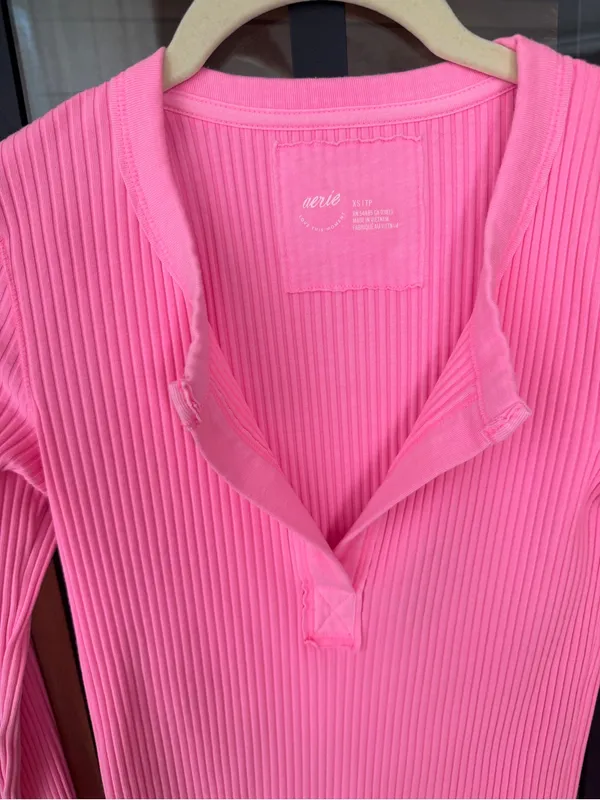 Aerie Bright Pink Ribbed Long Sleeve Henley Top neon tee crop vneck fitted - Image 3