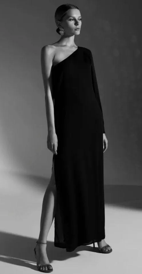 New Krisa One Sleeve Maxi One Shoulder Long Sleeve Side Slit Dress Black Size XS - Image 3