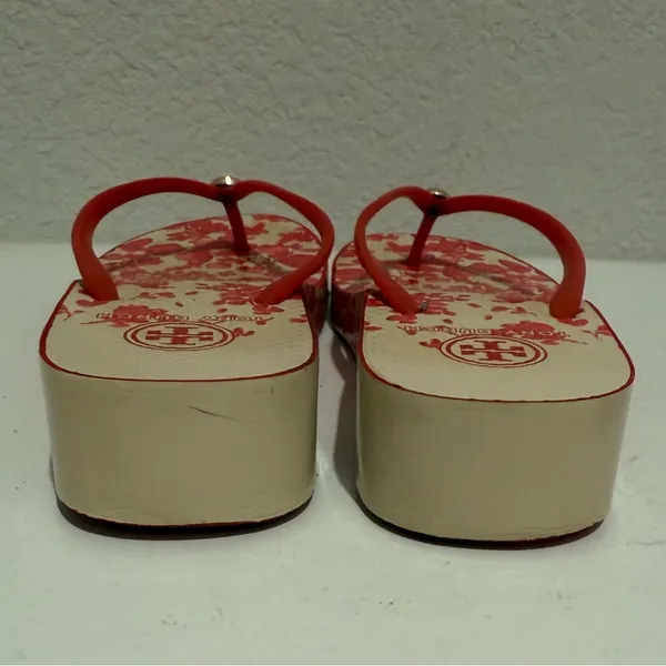 TORY BURCH Thandie Wedge Flip Flops Red Pepper / Issey Fade Floral Sandals 10 - Image 7