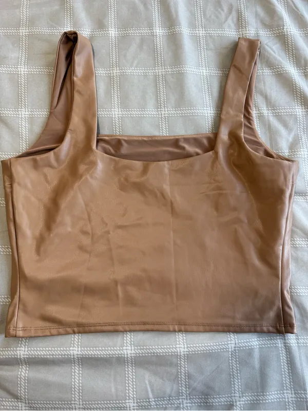 Express Faux-Leather Crop Tank in Caramel Brown - Image 2
