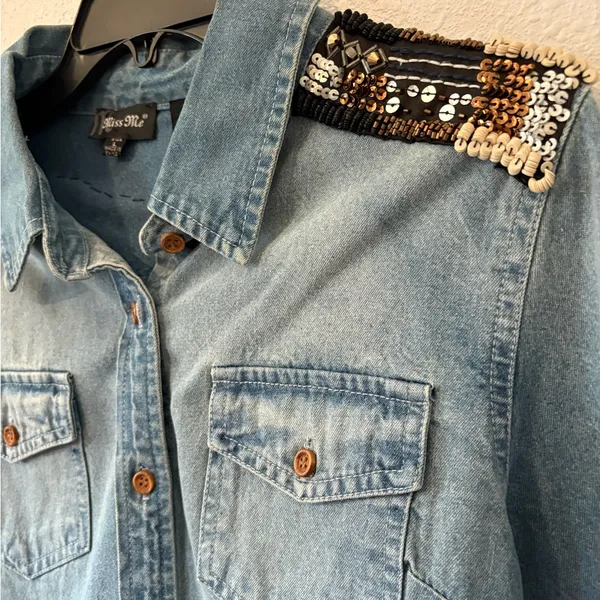 Miss Me Embellished Denim Button Down Shirt - Image 3