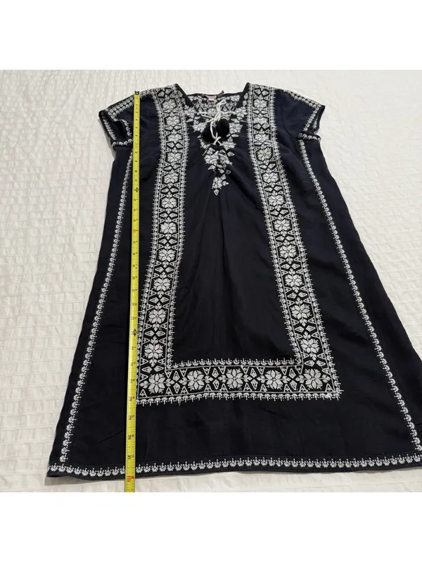 Calypso St. Barth 100% Linen Navy Blue White Embroidered Shift Dress Mini Small - Image 2