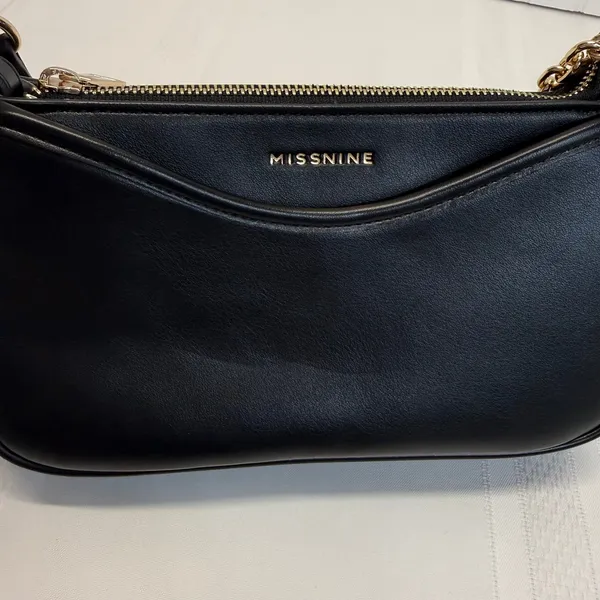 Missnine Black Shoulder Bag Mini Baguette Purse Vegan Leather Gold Chain Zip NEW - Image 4