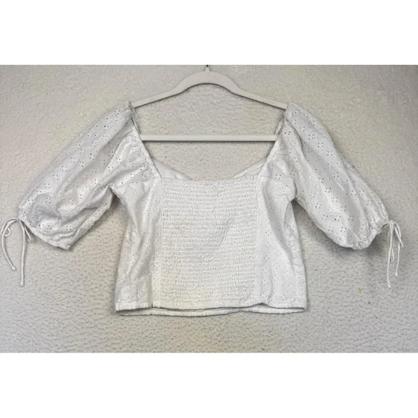 Abercrombie & Fitch Blouse Womens Medium White Eyelet Puff Sleeve Baby Doll‎ - Image 3