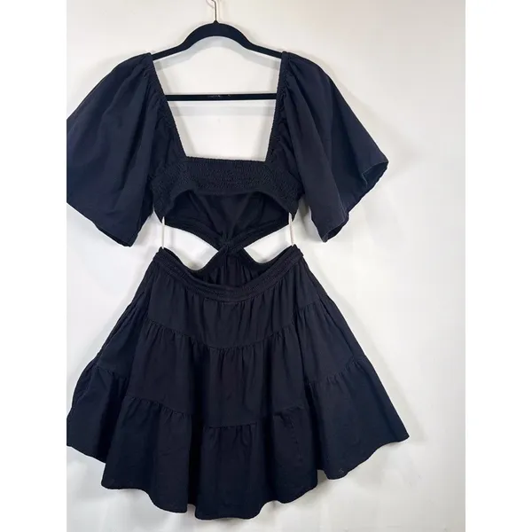 Free People Mini Dress Black Cross Of Sunlight Cutout Waist Smocked Tiered Small - Image 9