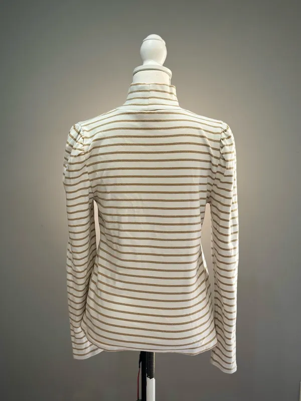 White/Tan J. Crew Puff Sleeve Ribbed Turtleneck Top Size L EUC - Image 2